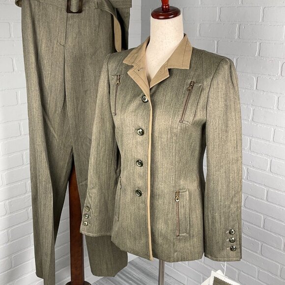 Carlise Suit Women Jacket 4/Pants 8 Green Bronze Zipper 2pc Wool Silk NWT VTG - Picture 1 of 16